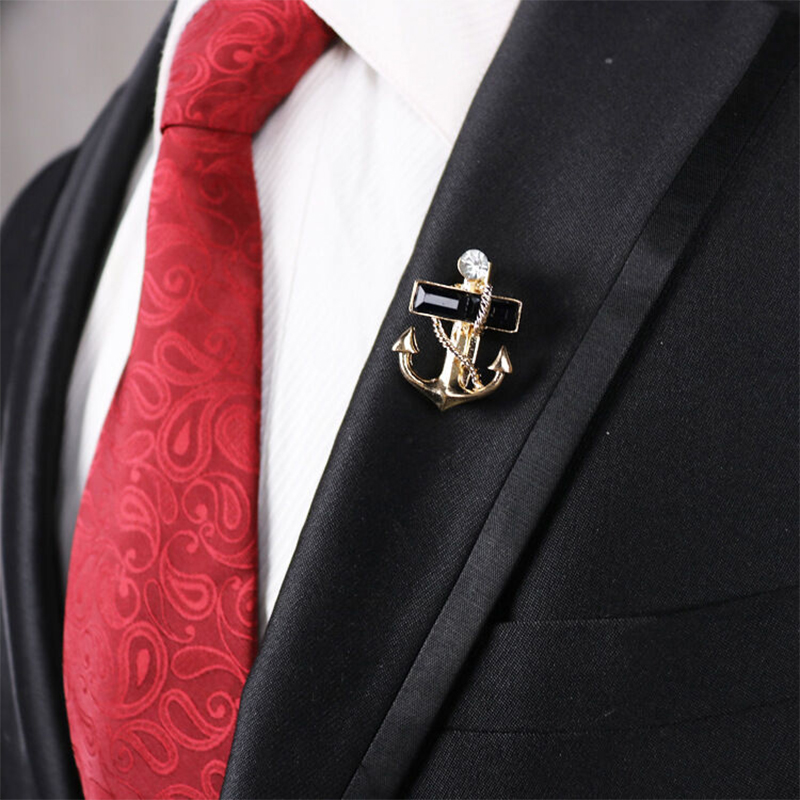 Picture of Crystal Stoned Anchor Brooch For Men's Suit Pin Fashion Accessories (Black)