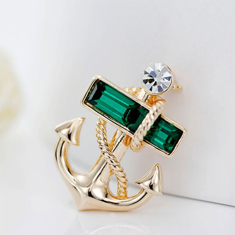 Picture of Crystal Stoned Anchor Brooch For Men's Suit Pin Fashion Accessories (Emerald Green)