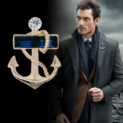Picture of Crystal Stoned Anchor Brooch For Men's Suit Pin Fashion Accessories (Navy Blue)