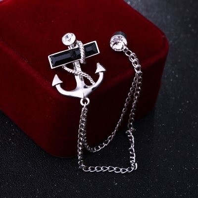 Picture of Anchor Stone Chain Brooch For Men & Women Fashion Suit Accessories (Black Stone Silver)