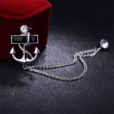 Picture of Anchor Stone Chain Brooch For Men & Women Fashion Suit Accessories (Black Stone Silver)