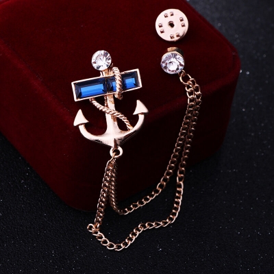 Picture of Anchor Stone Chain Brooch For Men & Women Fashion Suit Accessories (Blue Stone Gold)