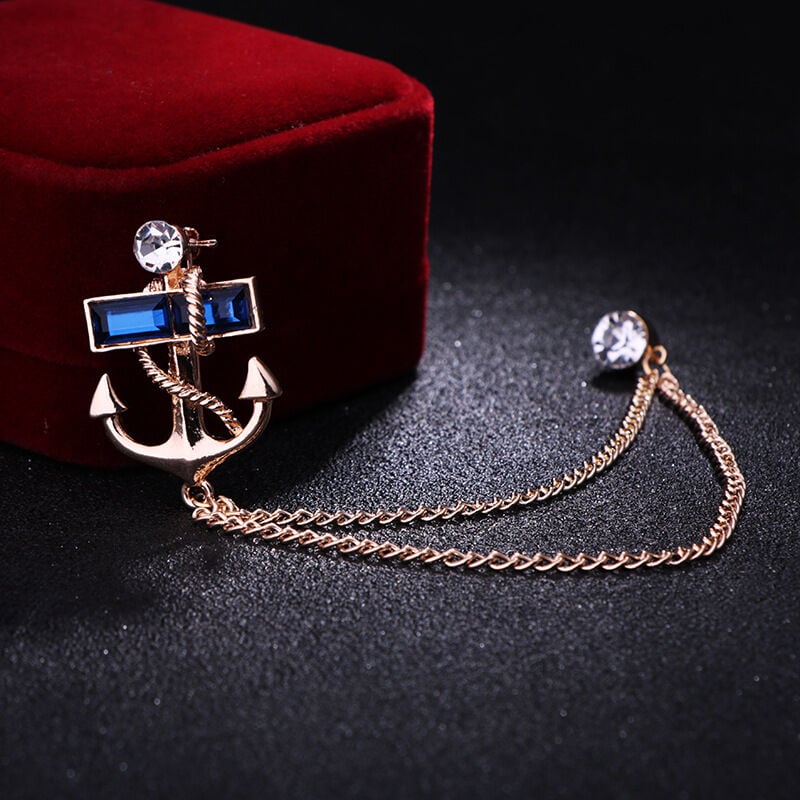 Picture of Anchor Stone Chain Brooch For Men & Women Fashion Suit Accessories (Blue Stone Gold)