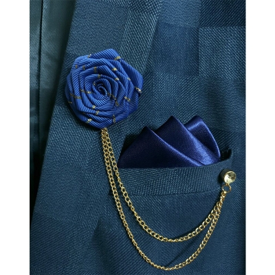 Picture of Ribbon Rose Flower Brooch Pin Badge Tassel Chain With Matching Pocket Square Set For Men (Blue)