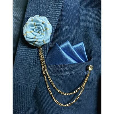 Picture of Ribbon Rose Flower Brooch Pin Badge Tassel Chain With Matching Pocket Square Set For Men (Light blue)