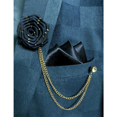 Picture of Ribbon Rose Flower Brooch Pin Badge Tassel Chain With Matching Pocket Square Set For Men (Navy Blue)