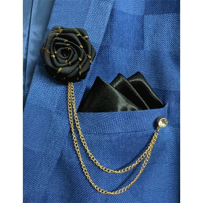 Picture of Ribbon Rose Flower Brooch Pin Badge Tassel Chain With Matching Pocket Square Set For Men (Black)