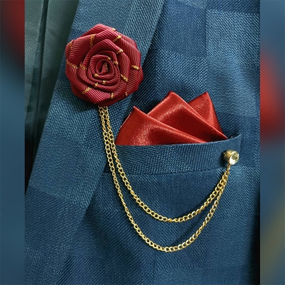 Picture of Ribbon Rose Flower Brooch Pin Badge Tassel Chain With Matching Pocket Square Set For Men (Magenta)