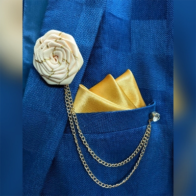 Picture of Ribbon Rose Flower Brooch Pin Badge Tassel Chain With Matching Pocket Square Set For Men (Cream)
