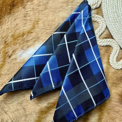 Picture of Elegant Geometric/Floral Polyester Pocket Square for Suit and Blazer, Formal Business Style - 23x23cm (Check Blue & Black,Int: One size)
