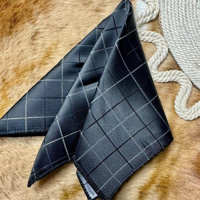 Picture of Elegant Geometric/Floral Polyester Pocket Square for Suit and Blazer, Formal Business Style - 23x23cm (White Check on Black,Int: One size)