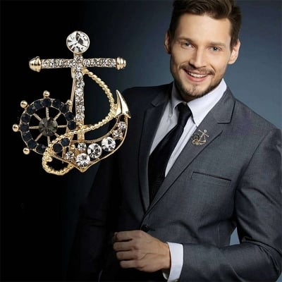 Picture of Naval Rudder Anchor Brooch Rhinestone Pin For Men & Women Fashion Accessories (Rose Gold)
