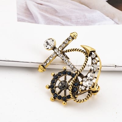 Picture of Naval Rudder Anchor Brooch Rhinestone Pin For Men & Women Fashion Accessories (Bronze gold)