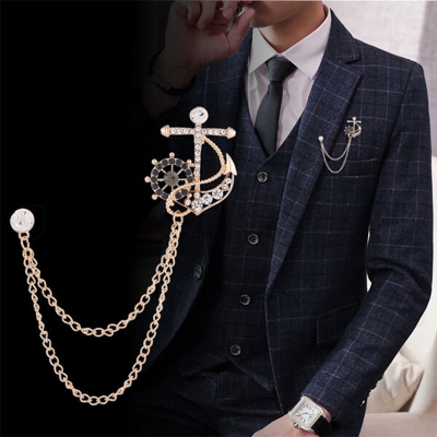 Picture of Naval Rudder Anchor Brooch Rhinestone Pin For Men & Women Fashion Accessories (Rose Gold With Chain)