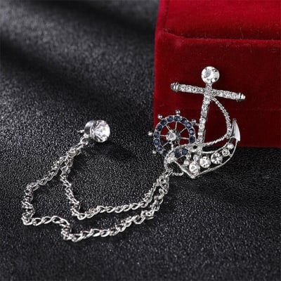 Picture of Naval Rudder Anchor Brooch Rhinestone Pin For Men & Women Fashion Accessories (Silver With Chain)