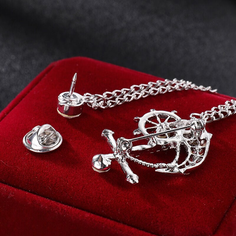 Picture of Naval Rudder Anchor Brooch Rhinestone Pin For Men & Women Fashion Accessories (Silver With Chain)