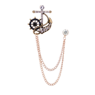 Picture of Naval Rudder Anchor Brooch Rhinestone Pin For Men & Women Fashion Accessories (Antique Gold W Chain)