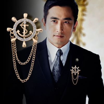 Picture of Navy Anchor Brooch With Zircon Rudder Corsage High-End Men'S Suit Accessories (1ps) (Gold)