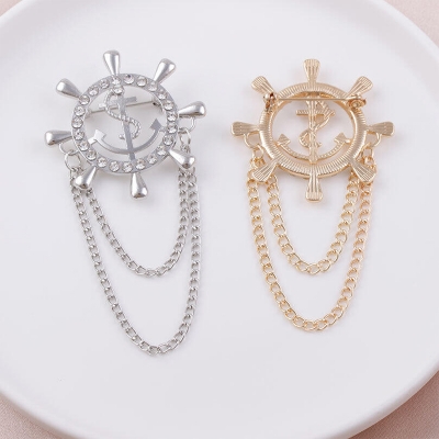 Picture of Navy Anchor Brooch With Zircon Rudder Corsage High-End Men'S Suit Accessories (1ps) (1 Silver + 1 Golden Combo)
