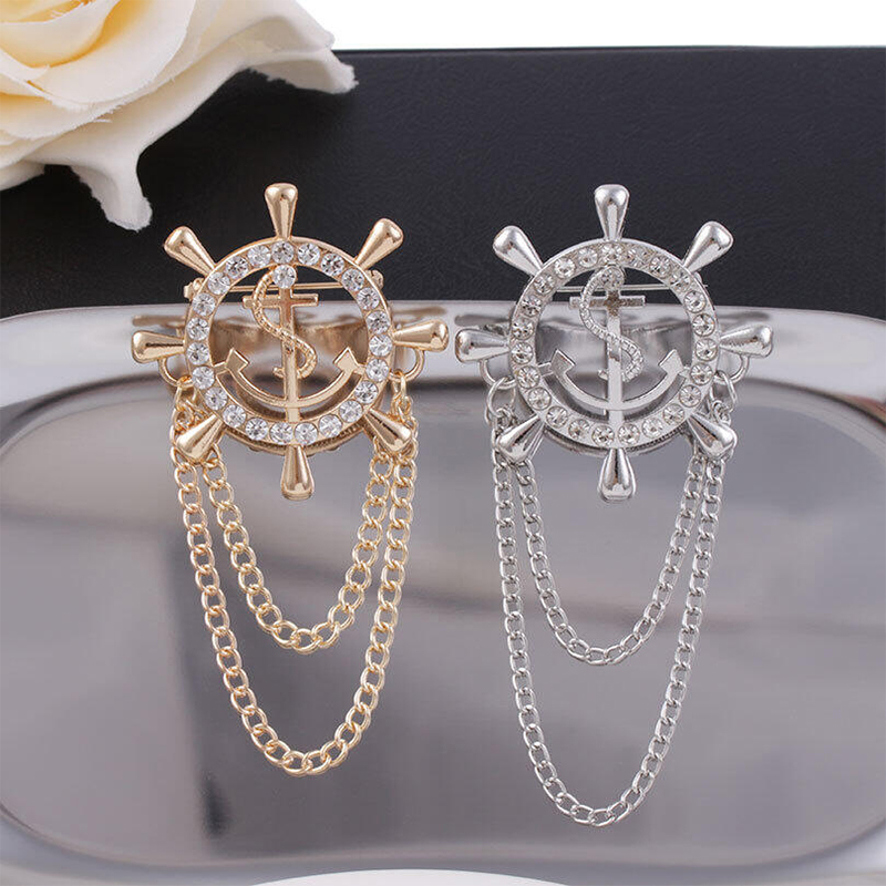 Picture of Navy Anchor Brooch With Zircon Rudder Corsage High-End Men'S Suit Accessories (1ps) (1 Silver + 1 Golden Combo)