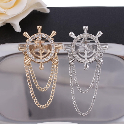 Picture of Navy Anchor Brooch With Zircon Rudder Corsage High-End Men'S Suit Accessories (1ps) (1 Silver + 1 Golden Combo)