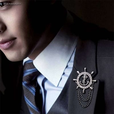 Picture of Navy Anchor Brooch With Zircon Rudder Corsage High-End Men'S Suit Accessories (1ps) (Silver)