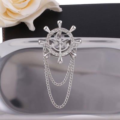 Picture of Navy Anchor Brooch With Zircon Rudder Corsage High-End Men'S Suit Accessories (1ps) (Silver)