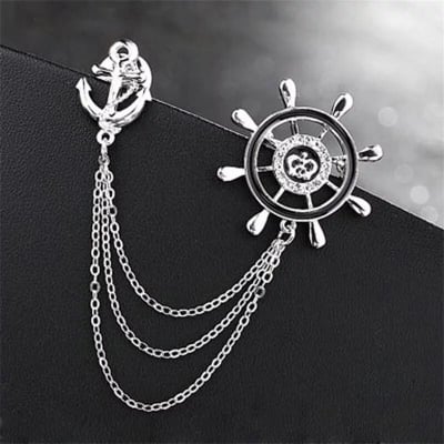 Picture of Rudder Wheel With Anchor Pin Brooch For Men Women Suit Fashion Accessories (Silver)