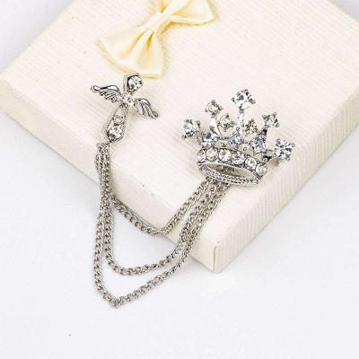 Picture of Crystal Stoned Crown Brooch For Men Suit Fashion Accessories (1PS) (Silver)