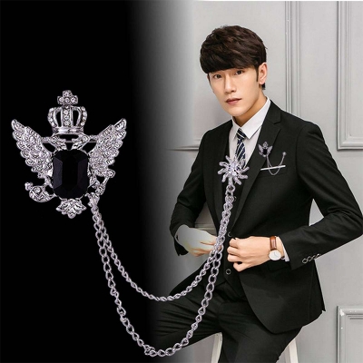 Picture of Wings Crown Stoned Chain Brooch Lapel Pin Fashion Suit/Outfit Accessories For Men & Women (Silver)