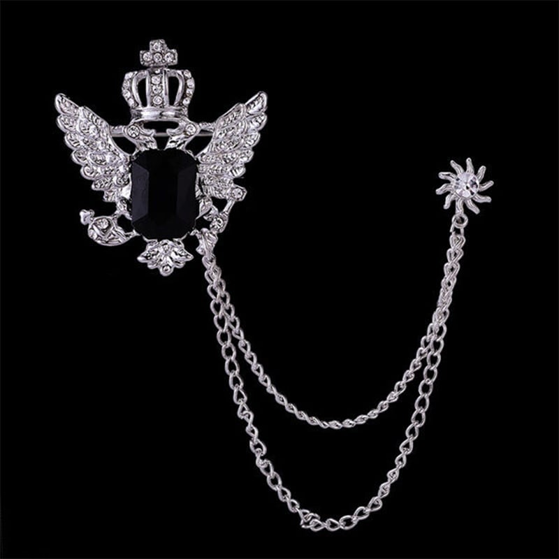 Picture of Wings Crown Stoned Chain Brooch Lapel Pin Fashion Suit/Outfit Accessories For Men & Women (Silver)