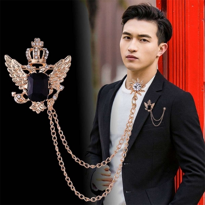 Picture of Wings Crown Stoned Chain Brooch Lapel Pin Fashion Suit/Outfit Accessories For Men & Women (Gold)