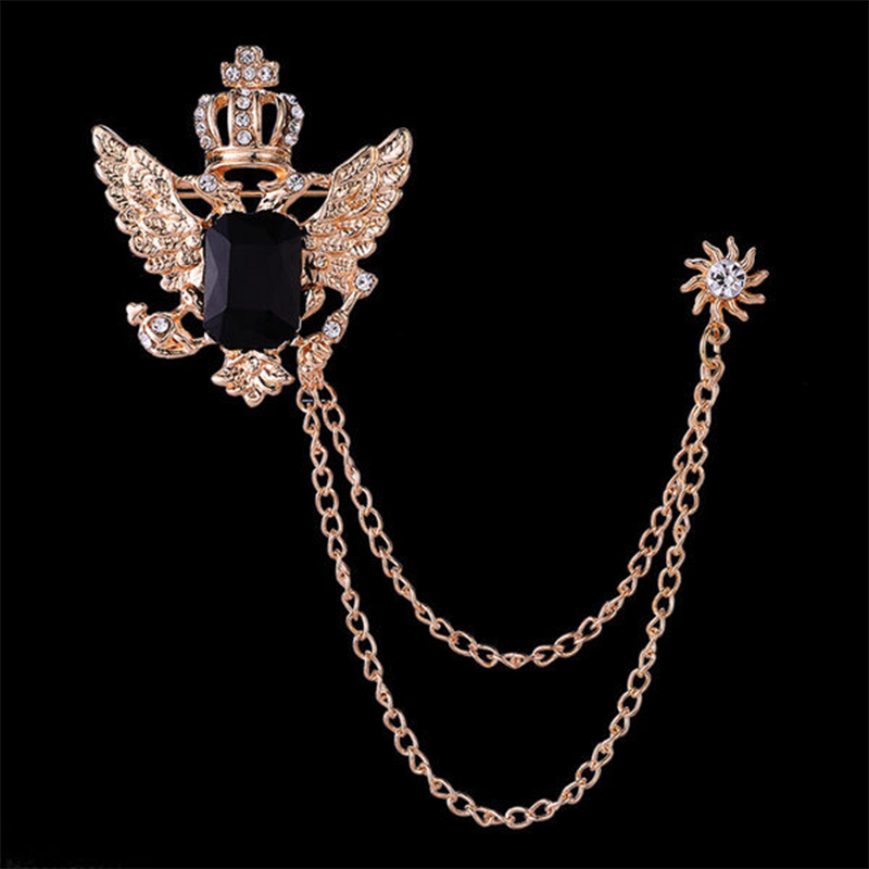 Picture of Wings Crown Stoned Chain Brooch Lapel Pin Fashion Suit/Outfit Accessories For Men & Women (Gold)