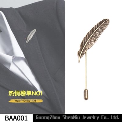 Picture of Leaf/Feather Lapel Pin Brooch For Men Suits Long Stick Safety Pin Wedding Jewelry (Bronze)