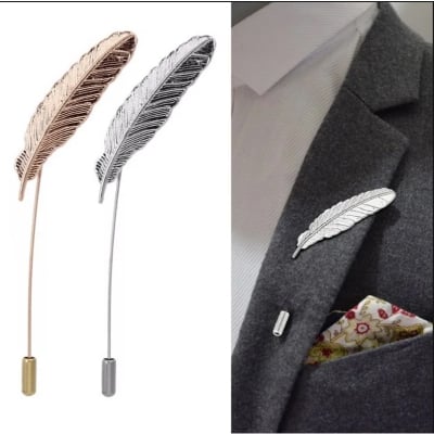 Picture of Leaf/Feather Lapel Pin Brooch For Men Suits Long Stick Safety Pin Wedding Jewelry (1 Silver + 1 Golden Combo)