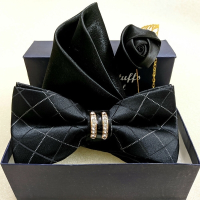Picture of Crystal Geometric Pattern Bow Tie Set With Flower Lapel Pin & Pocket Square For Men (Black,Int: One size)