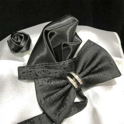 Picture of Crystal Thin Floral Bow Tie Set With Flower Lapel Pin & Pocket Square For Men (Black,Int: One size)