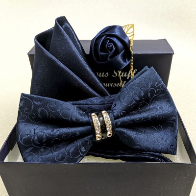 Picture of Crystal Thin Floral Bow Tie Set With Flower Lapel Pin & Pocket Square For Men (Navy Blue,Int: One size)