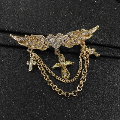 Picture of Fashion Angel Wings Heart Crystal Golden Brooch Multi-layer Chain Tassel Wings Brooch (Gold)