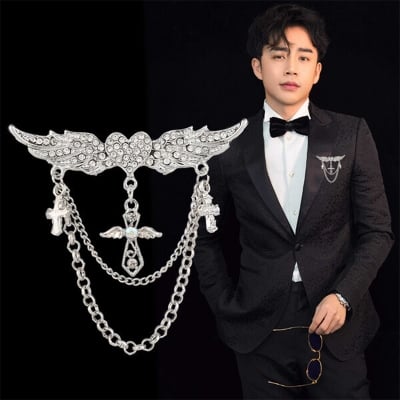 Picture of Fashion Angel Wings Heart Crystal Golden Brooch Multi-layer Chain Tassel Wings Brooch (Silver)