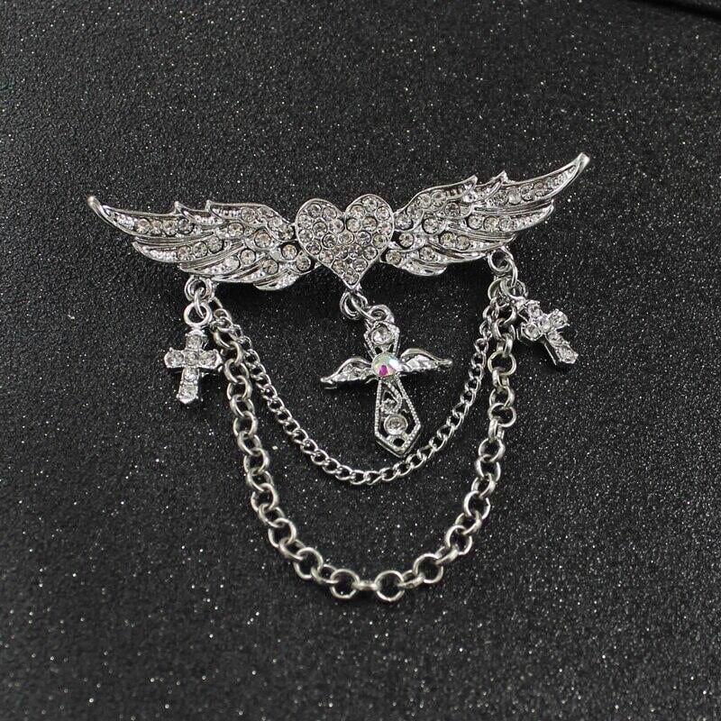Picture of Fashion Angel Wings Heart Crystal Golden Brooch Multi-layer Chain Tassel Wings Brooch (Silver)