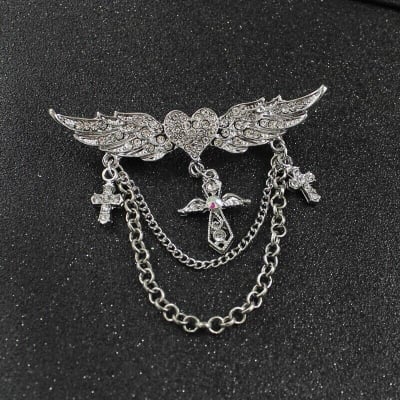 Picture of Fashion Angel Wings Heart Crystal Golden Brooch Multi-layer Chain Tassel Wings Brooch (Silver)