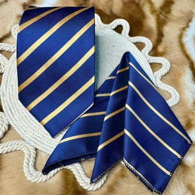 Picture of Luxury Fashionable Neck Tie + Matching Pocket Square Set for Men (1 Set) (Golden Strip Blue,Int: One size)
