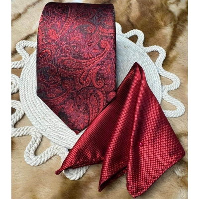 Picture of Luxury Fashionable Neck Tie + Matching Pocket Square Set for Men (1 Set) (Cashew Maroon,Int: One size)