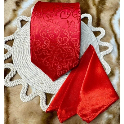 Picture of Luxury Fashionable Neck Tie + Matching Pocket Square Set for Men (1 Set) (Cashew Red,Int: One size)