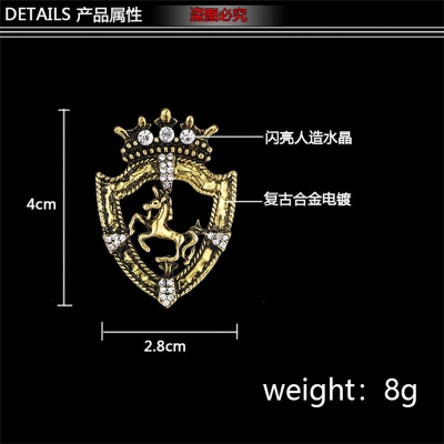 Picture of Vintage Rhinestone Fashionable Horse Crown Brooch for Men Suit Accessories (Antique Silver)