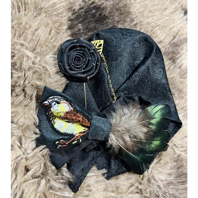 Picture of Luxury Embroidery Feather Bow Tie + Flower Lapel + Pocket Square 3p Set For Men (Black,Int: One size)