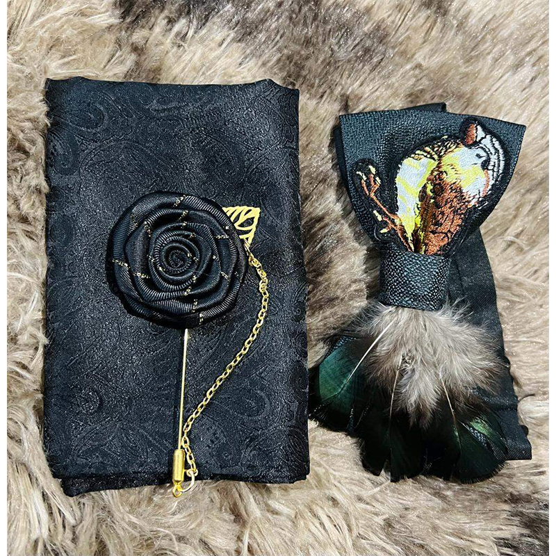 Picture of Luxury Embroidery Feather Bow Tie + Flower Lapel + Pocket Square 3p Set For Men (Black,Int: One size)