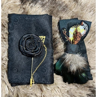 Picture of Luxury Embroidery Feather Bow Tie + Flower Lapel + Pocket Square 3p Set For Men (Black,Int: One size)