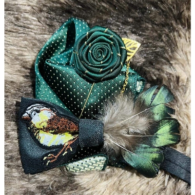 Picture of Luxury Embroidery Feather Bow Tie + Flower Lapel + Pocket Square 3p Set For Men (Black & Green,Int: One size)
